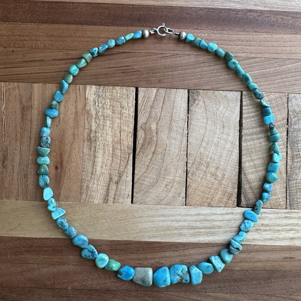 VTG Southwestern Bead Necklace 17.5 Inch Blue Turquoise Chip 925 Sterling‎ Clasp